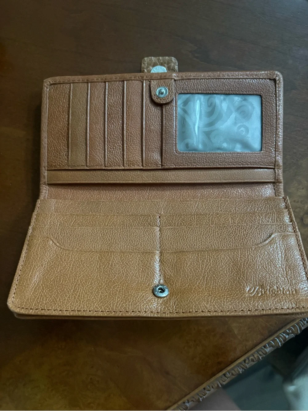 Brighton Pebbled Tan Leather Phone Wallet with Decorative Silver Buckle
